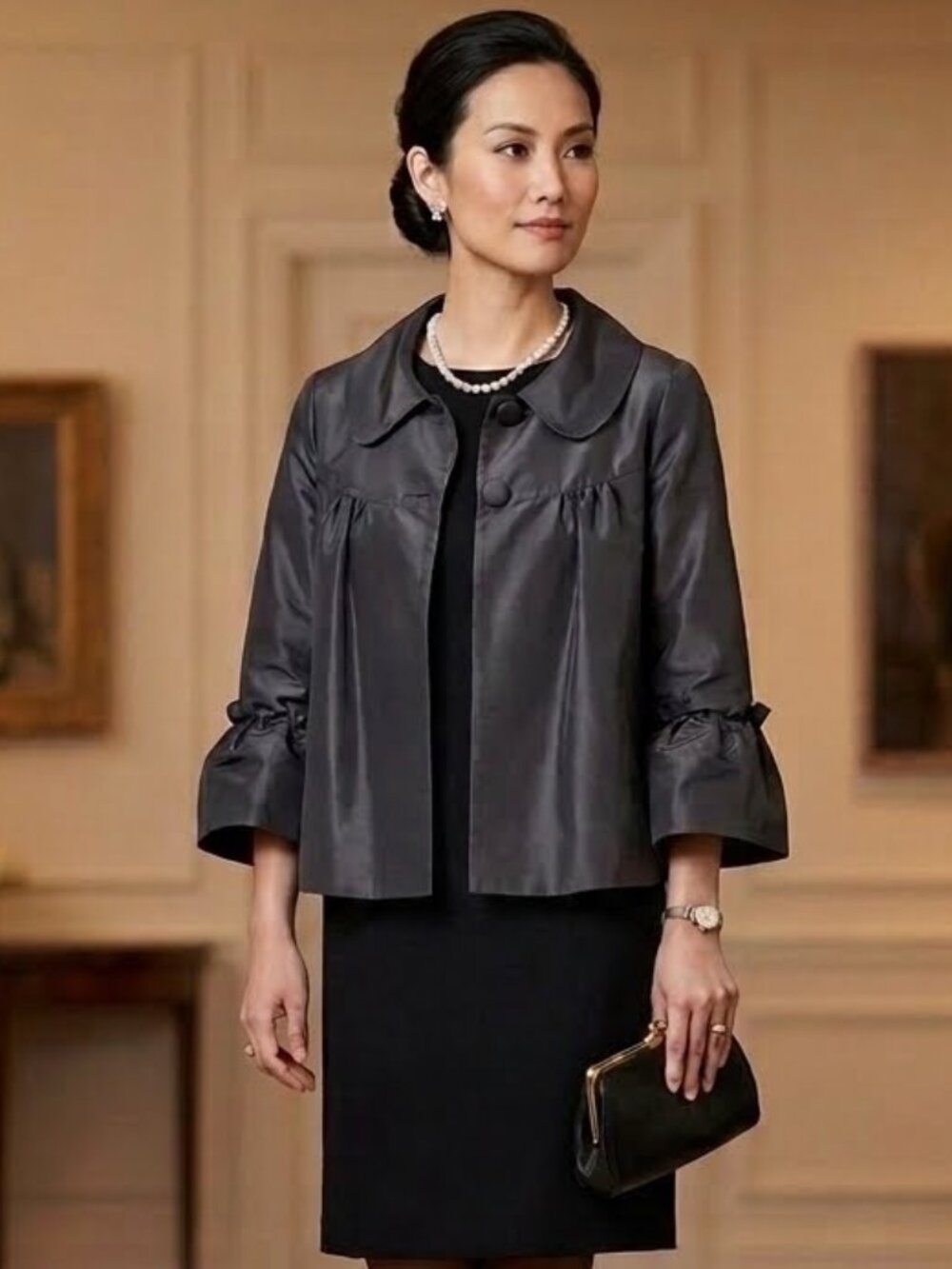 Grace Chuang Black‎ Evening Pouf Trapeze & Swing Jacket Ruffle Sleeves Size XL